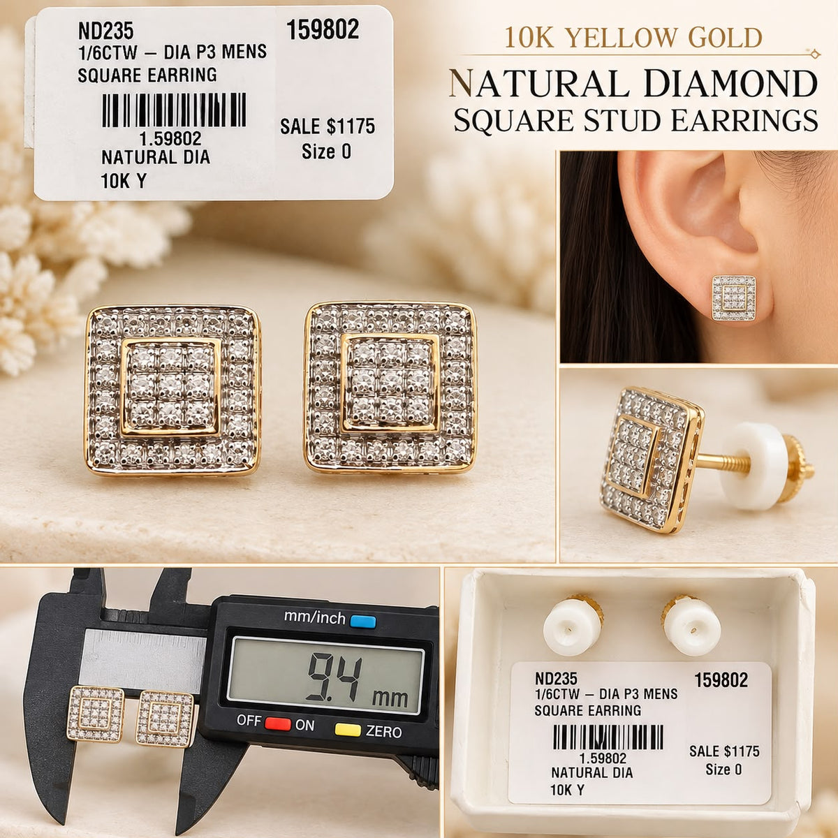 10K Yellow Gold 1/6 CTW Natural Diamond Men’s Square Stud Earrings 9.4mm