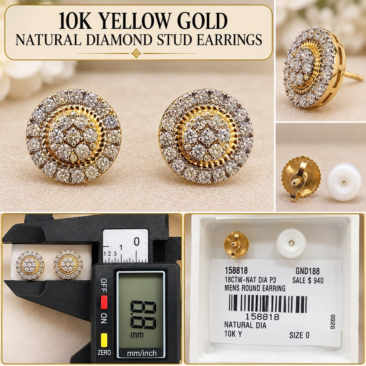 10K Yellow Gold 1/8 CTW Natural Diamond Men’s Round Cluster Stud Earrings 8.8mm