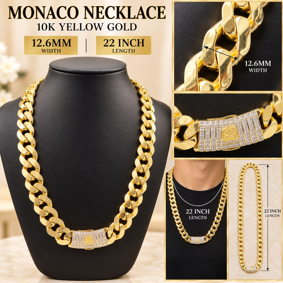 10K Yellow Gold Monaco Cuban Link Chain Necklace CZ Lock 12.6mm 22” 34.3g