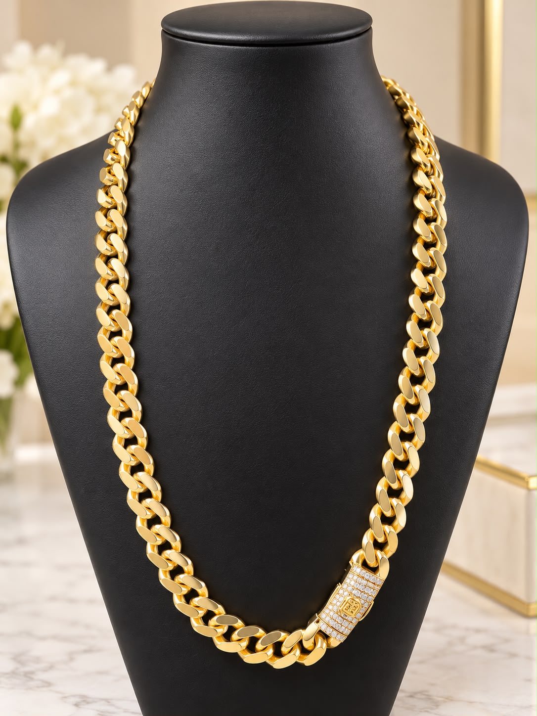10K Yellow Gold Monaco Cuban Link Chain Necklace CZ Lock 12.6mm 22” 34.3g