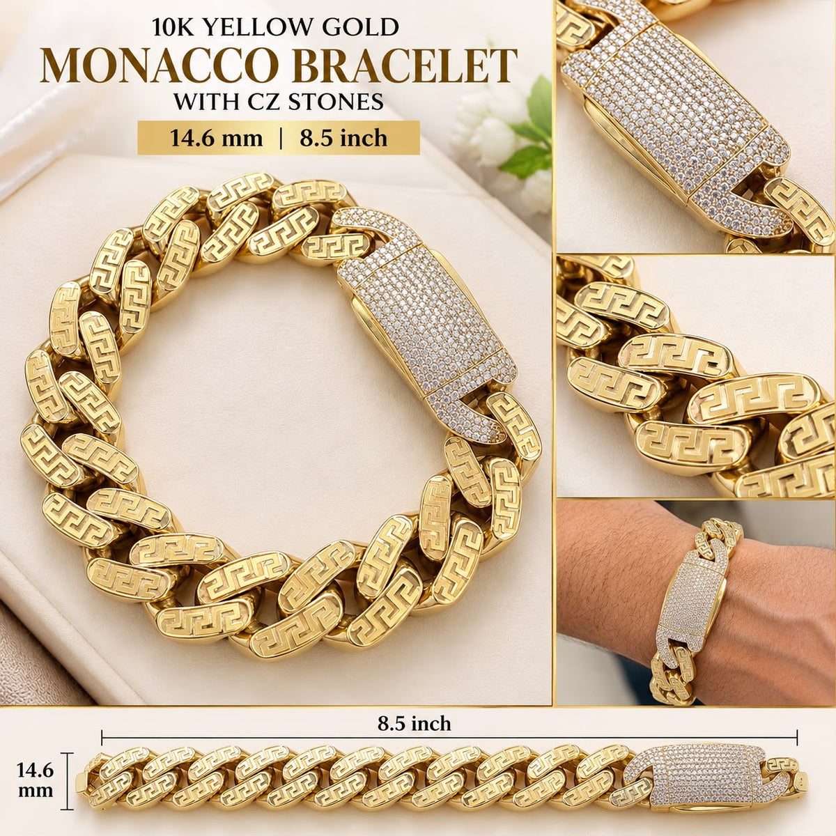10K Yellow Gold Monaco Bracelet with CZ Stone Clasp 14.6mm 8.5” 26.4 Grams