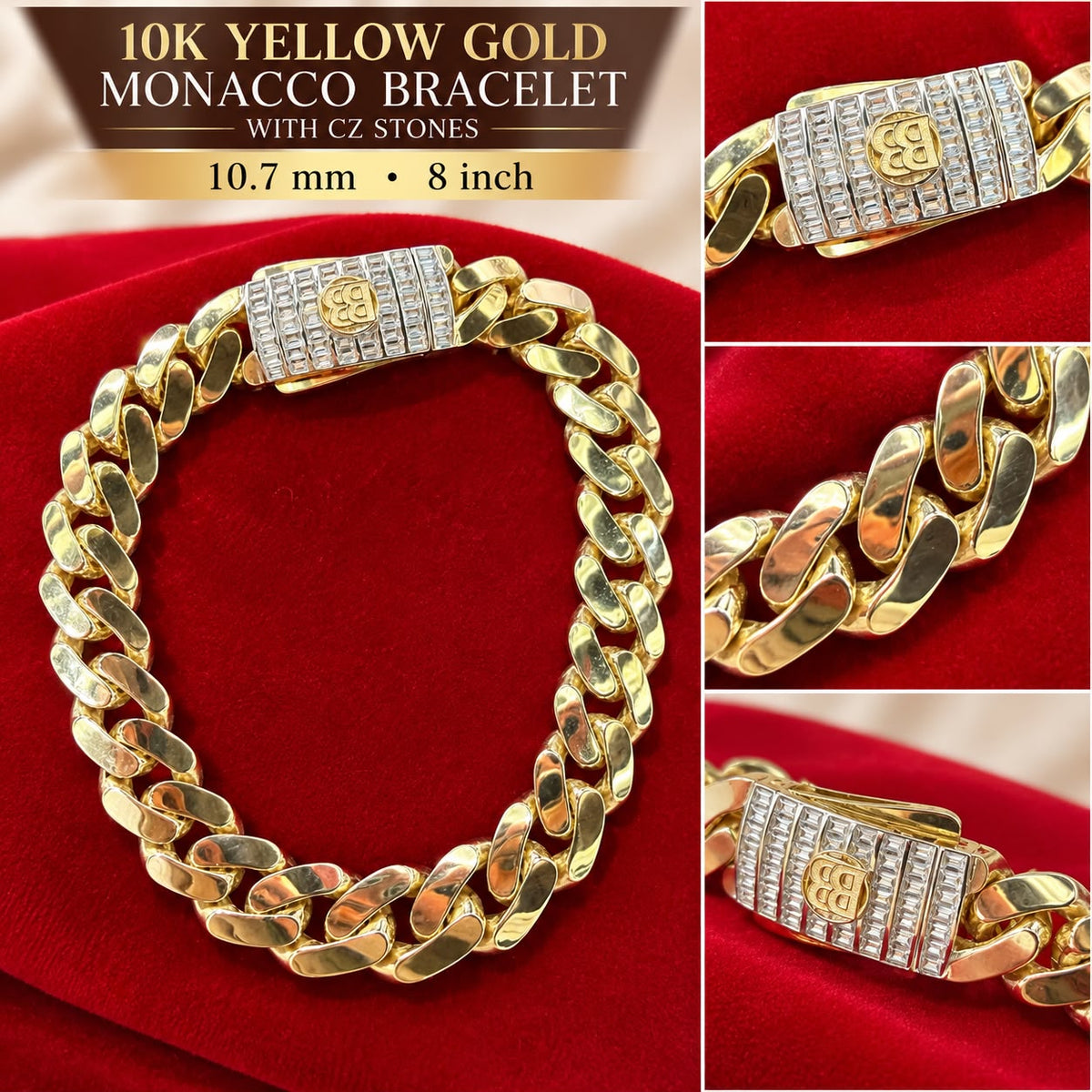 10K Yellow Gold Monaco Cuban Link Bracelet CZ Stone Clasp 10.7mm 8” 12.9g