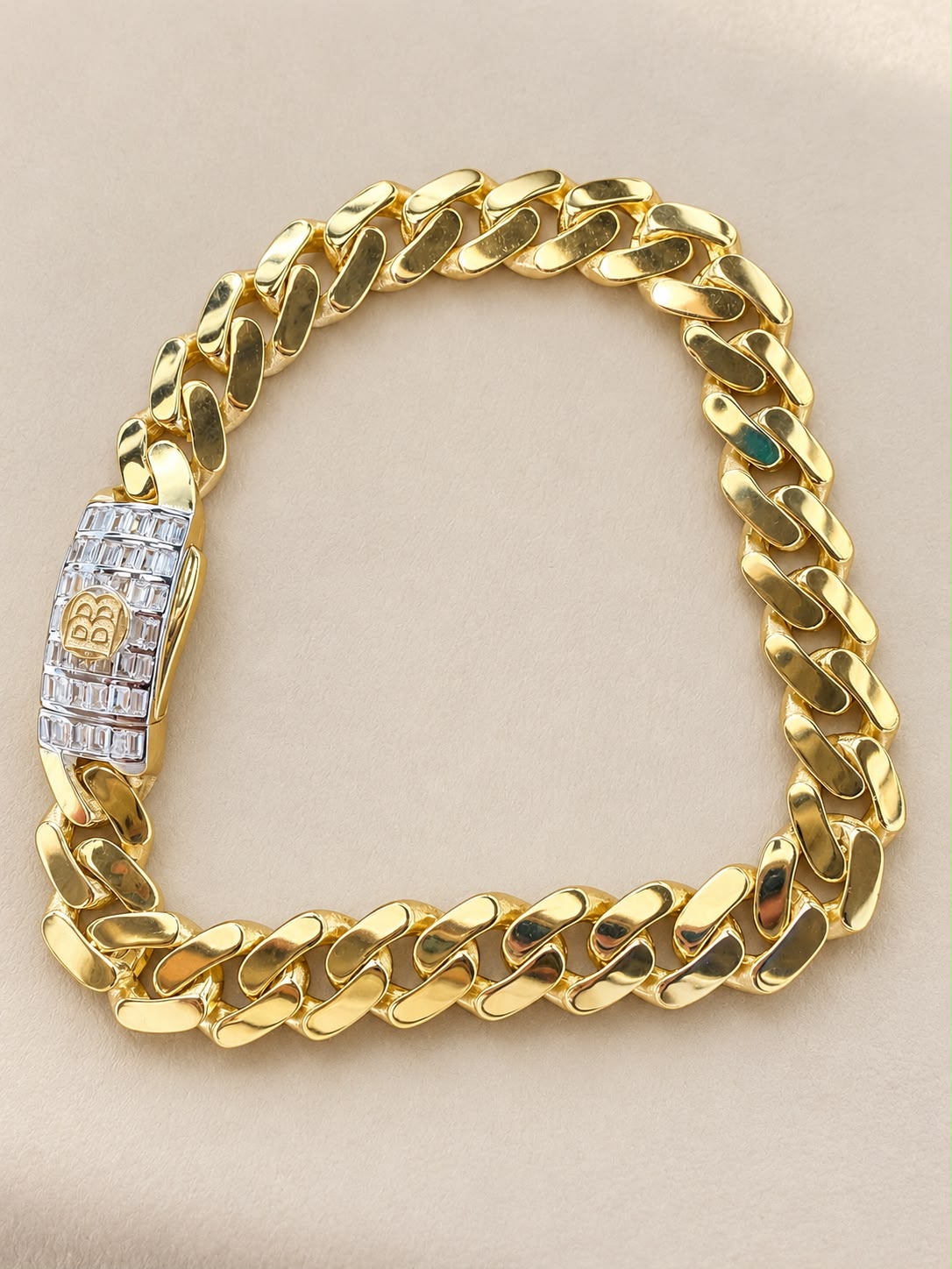 10K Yellow Gold Monaco Cuban Link Bracelet CZ Stone Clasp 8.7mm 8” 7.9g