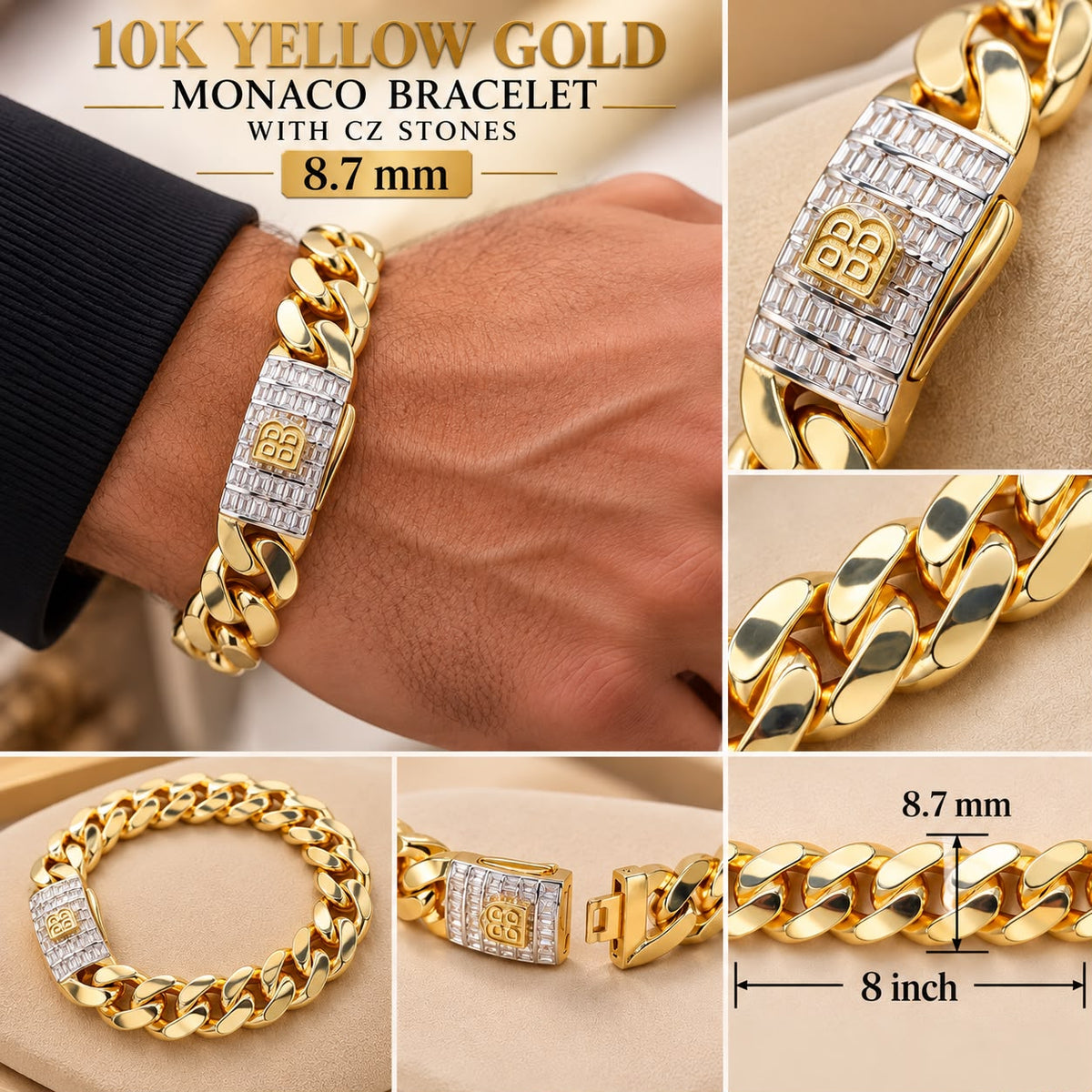 10K Yellow Gold Monaco Cuban Link Bracelet CZ Stone Clasp 8.7mm 8” 7.9g