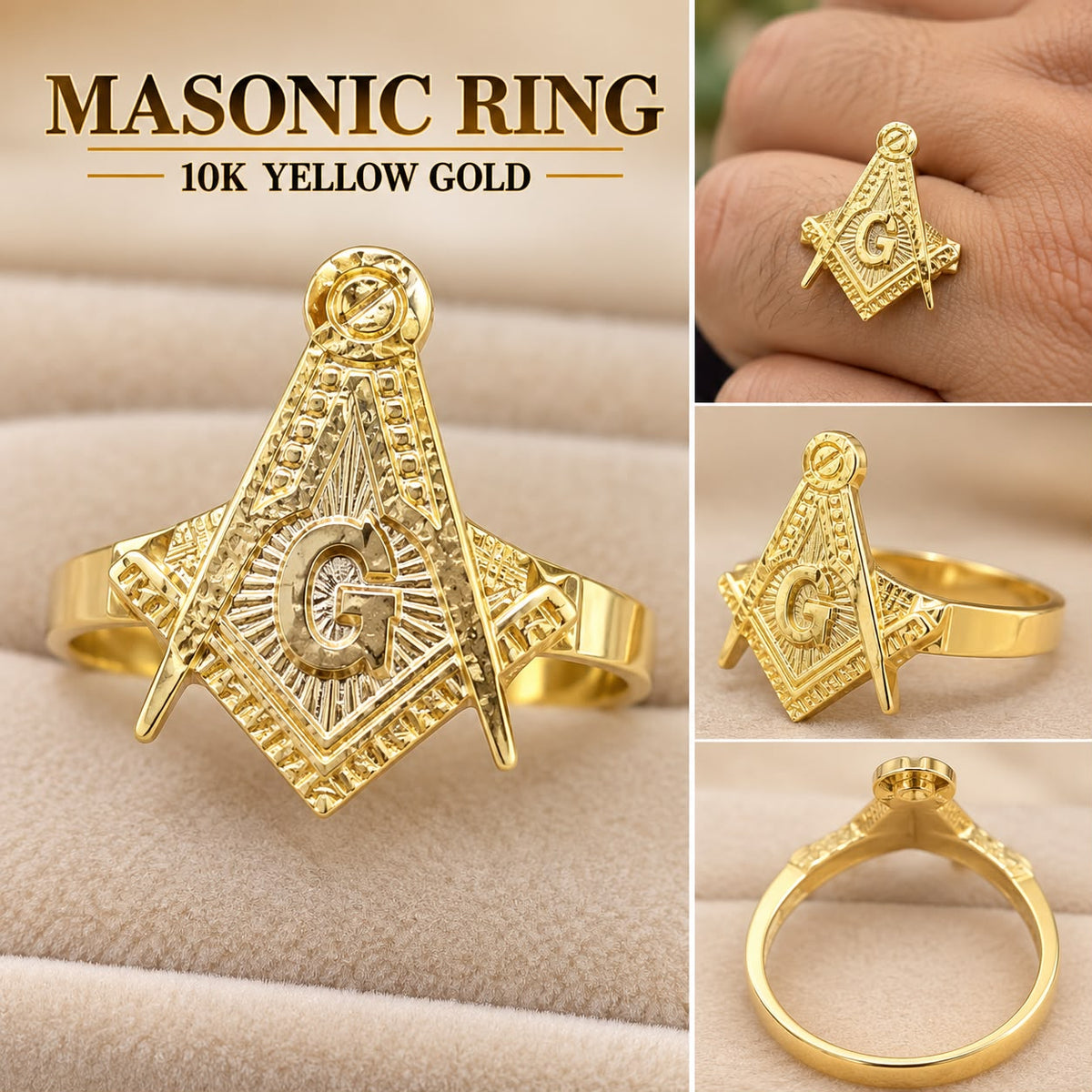 10K Yellow Gold Masonic Freemason Square & Compass Ring – 2.25 Grams
