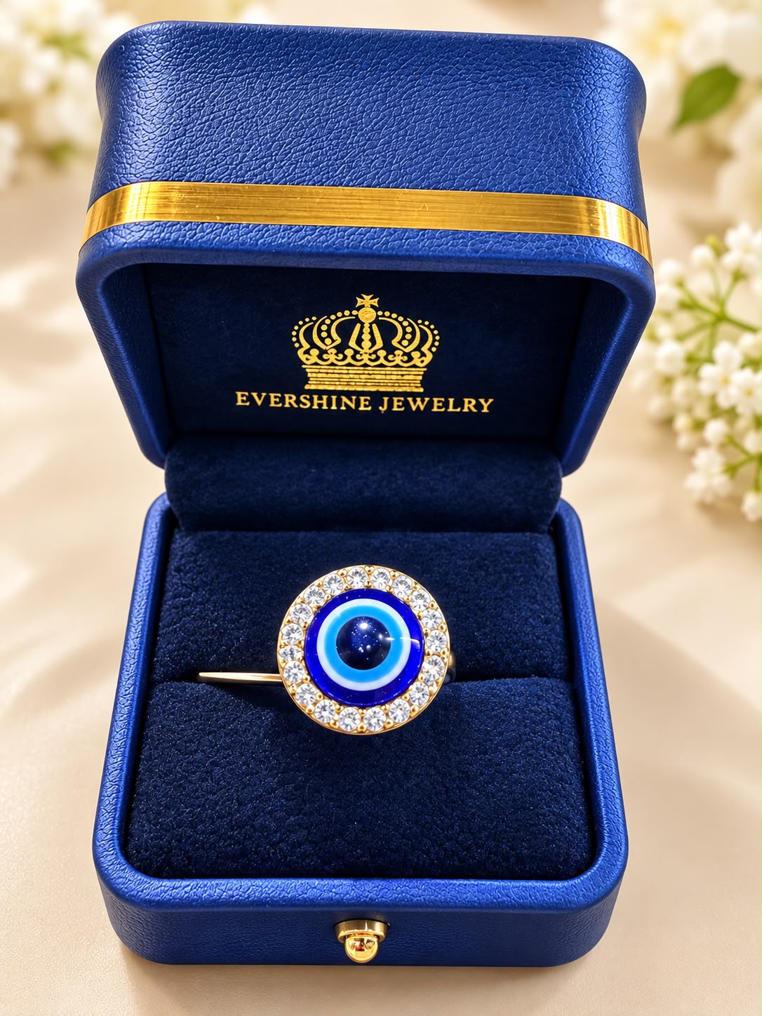 10K Yellow Gold Women’s Blue Evil Eye Ring with CZ Stones Size 7.5 – 3.65 Grams