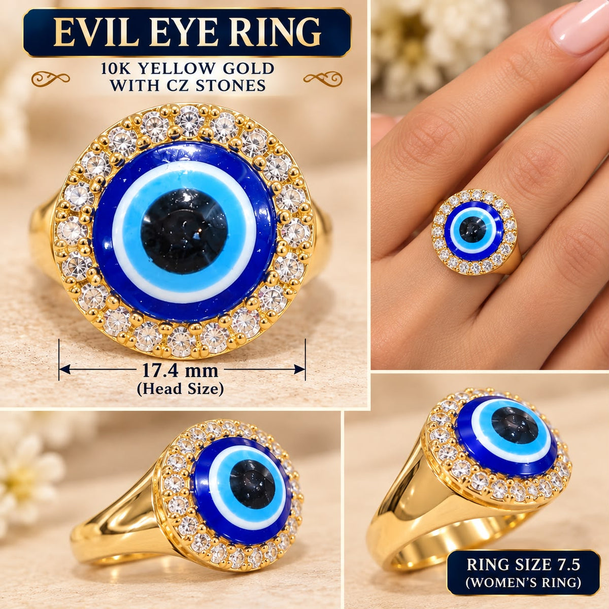 10K Yellow Gold Women’s Blue Evil Eye Ring with CZ Stones Size 7.5 – 3.65 Grams