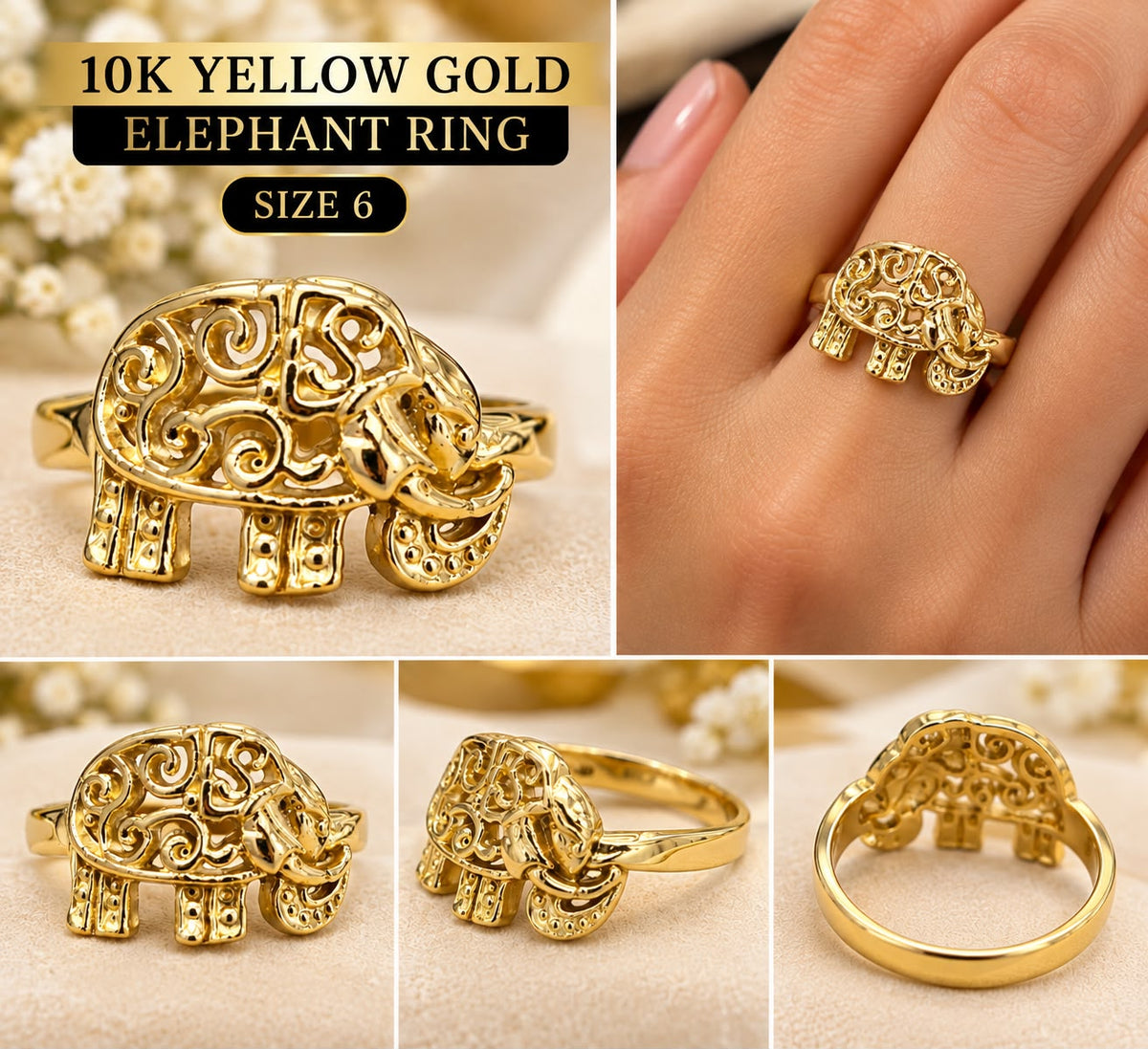 10K Yellow Gold Women’s Elephant Ring Lucky Good Fortune Filigree Size 6 – 2.96g