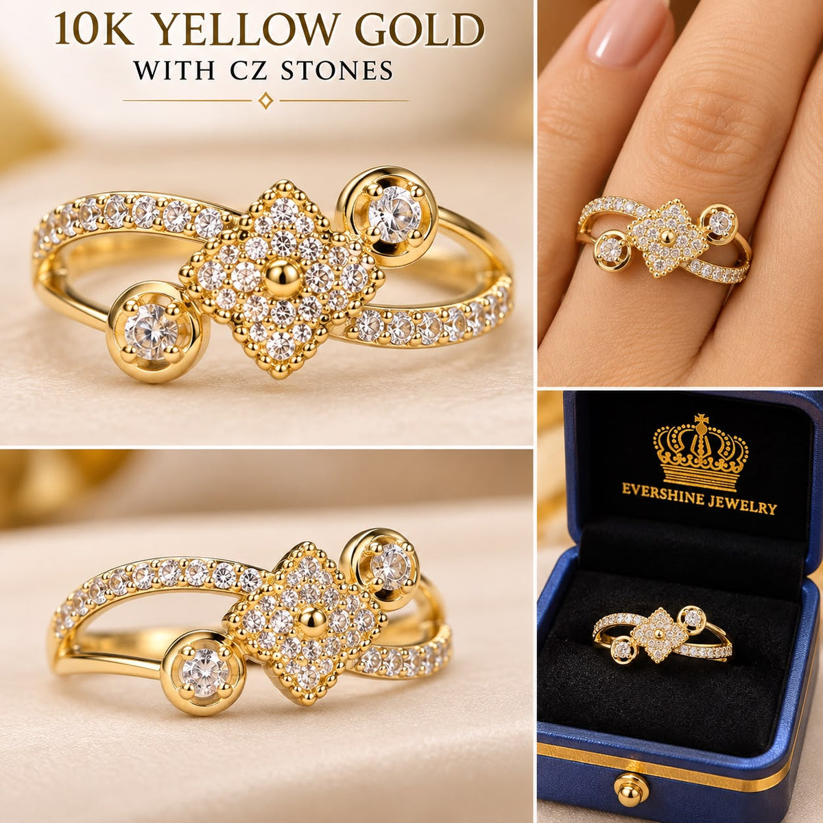 10K Yellow Gold Women’s Floral Cluster CZ Ring – Elegant Flower Design