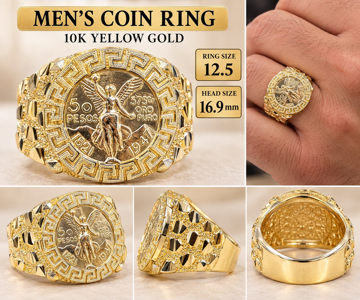 10K Yellow Gold Men’s 50 Pesos Mexican Coin Ring Angel Diamond Cut Size 12.5