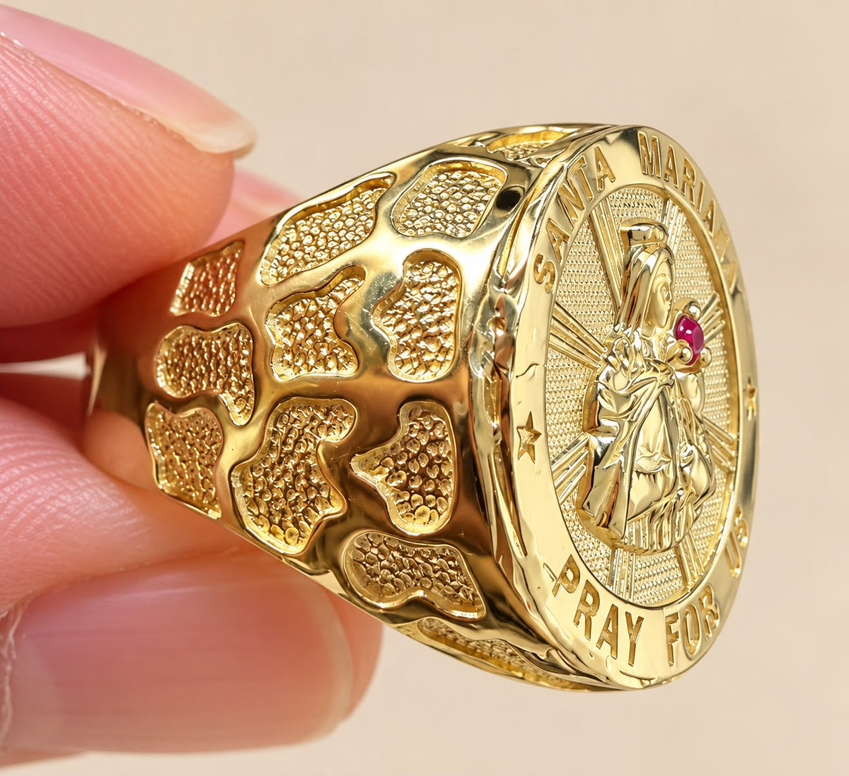 10K Yellow Gold Men’s Santa Barbara Religious Ring Red Stone Size 10 6.3g