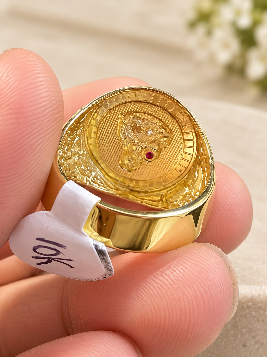 10K Yellow Gold Men’s Santa Barbara Religious Ring Red Stone Size 10 6.3g