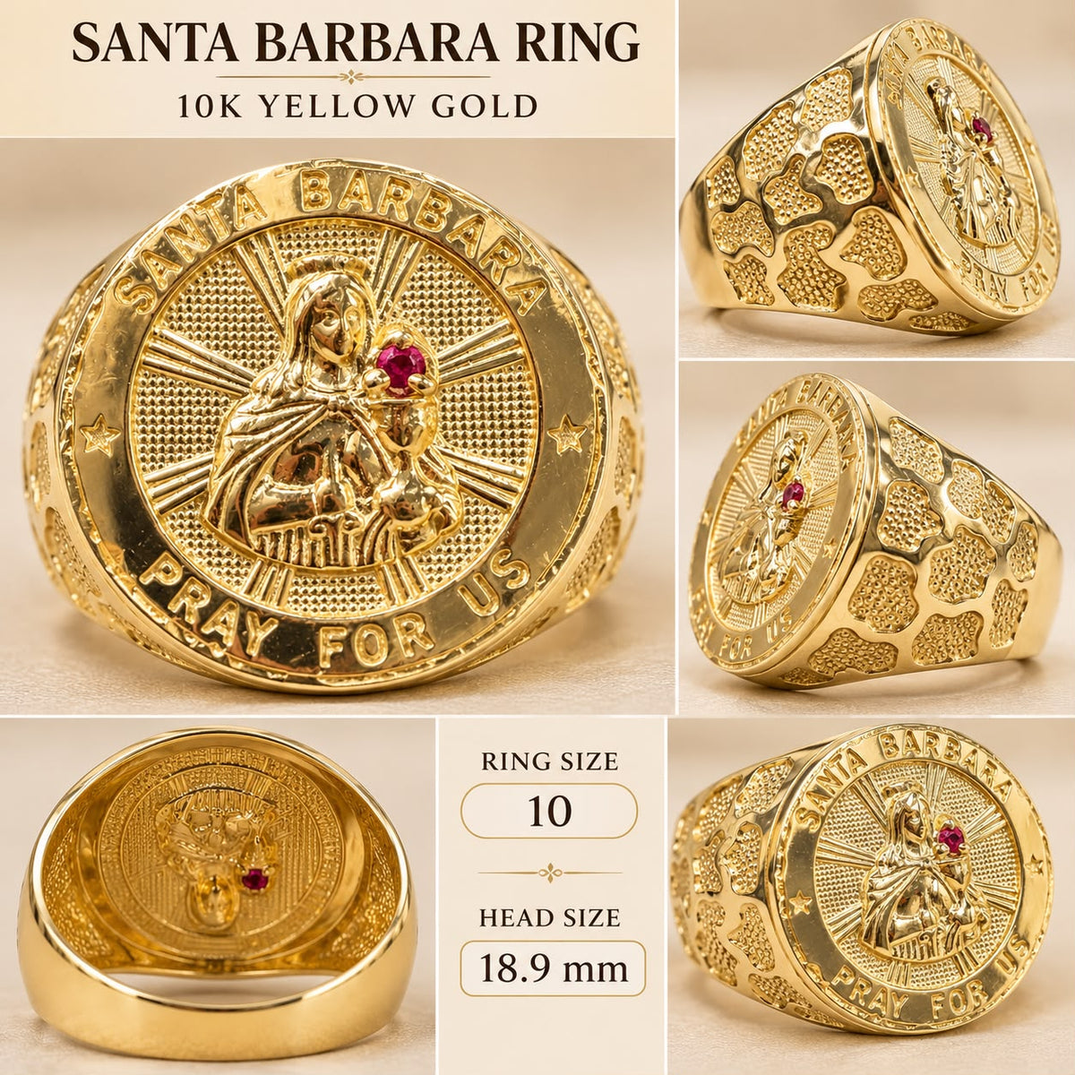 10K Yellow Gold Men’s Santa Barbara Religious Ring Red Stone Size 10 6.3g