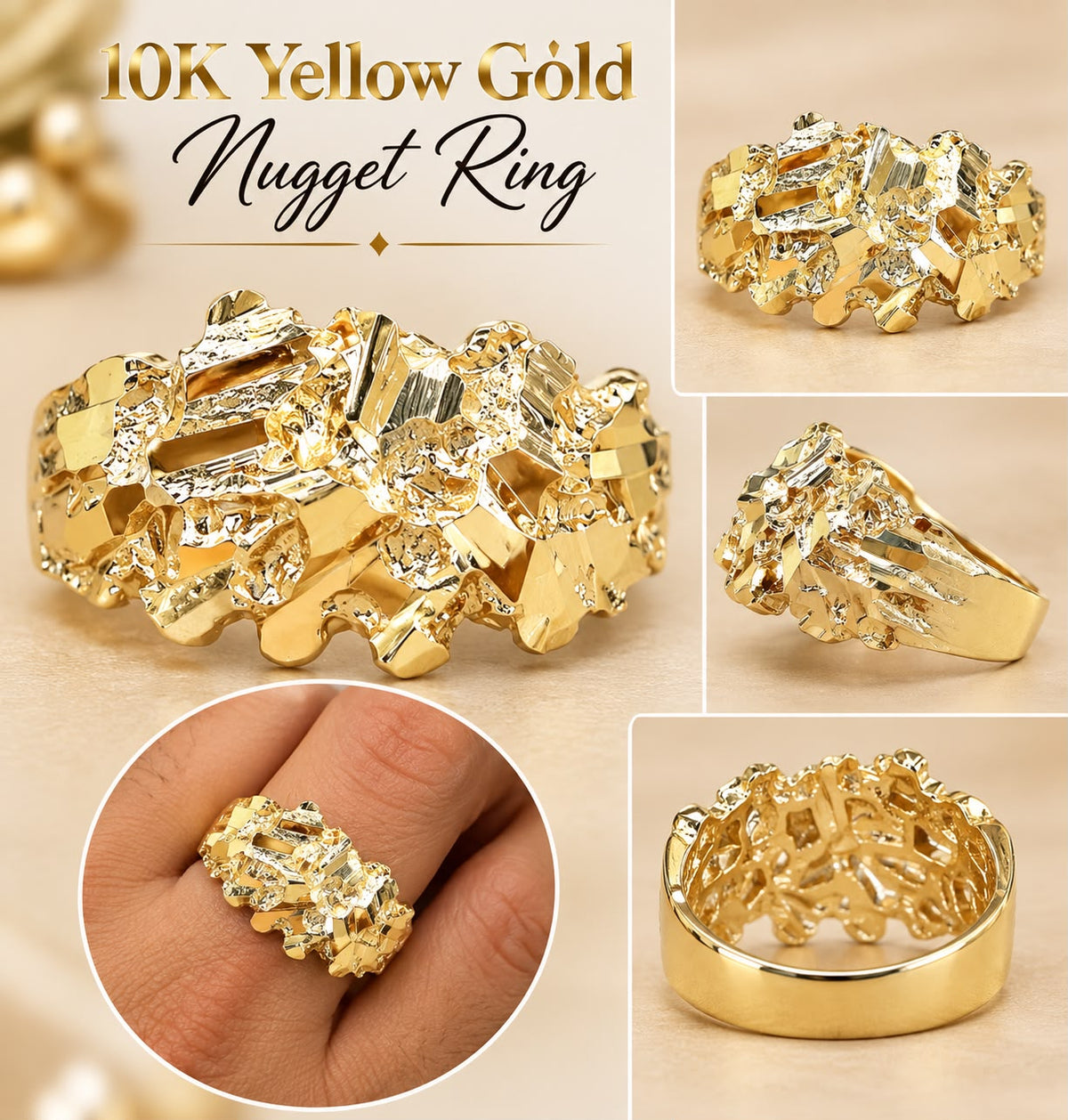 10K Yellow Gold Men’s Nugget Ring Diamond Cut Statement Band Size 9 3.5 Grams