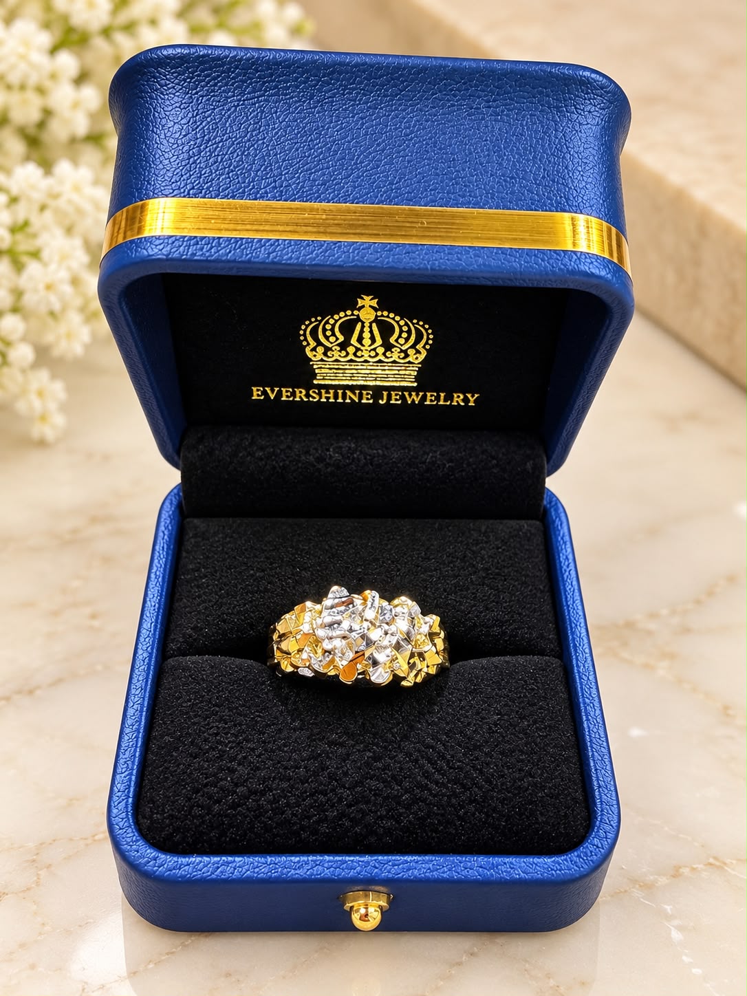10K Yellow Gold Men’s Nugget Ring Diamond Cut Statement Band Size 9 3.5 Grams