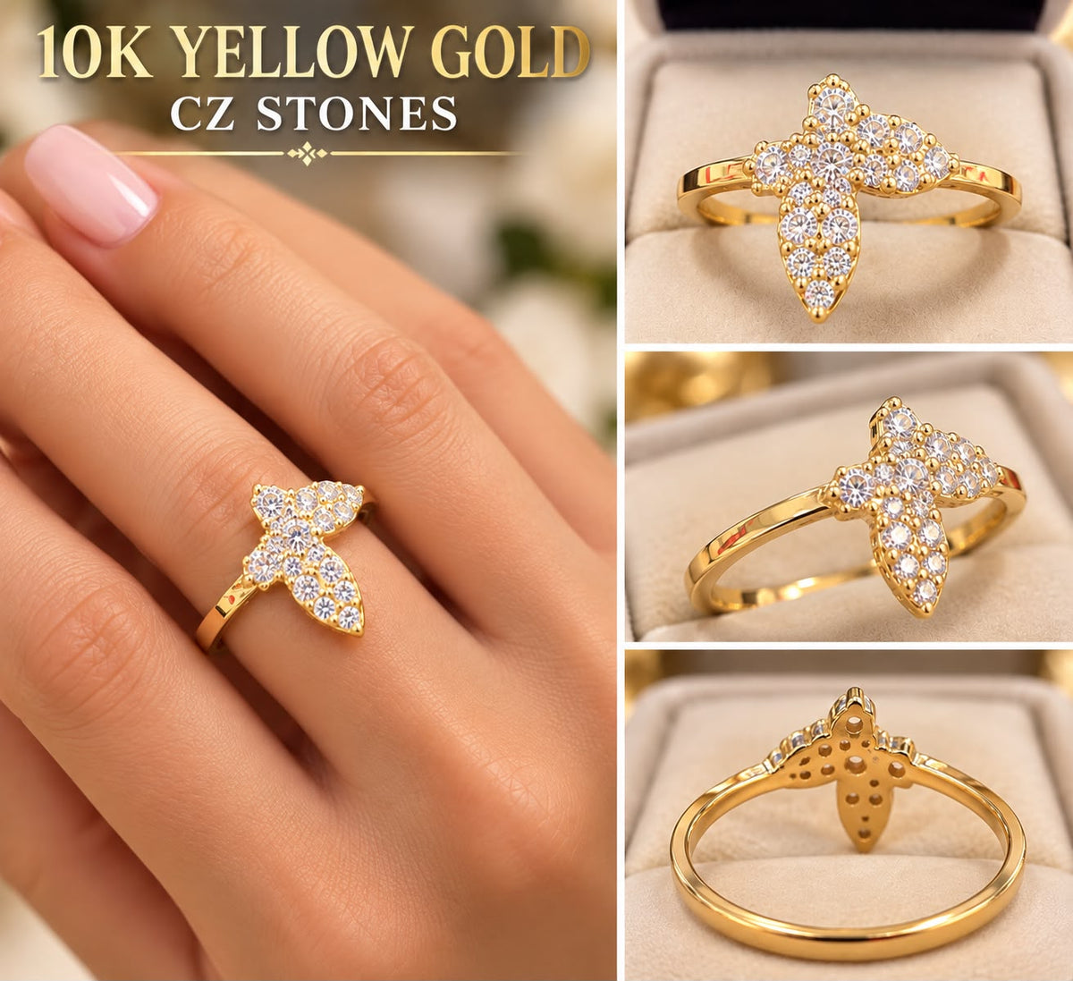 10K Yellow Gold Women’s CZ Butterfly Ring Sparkling Cluster Design 1.86 Grams