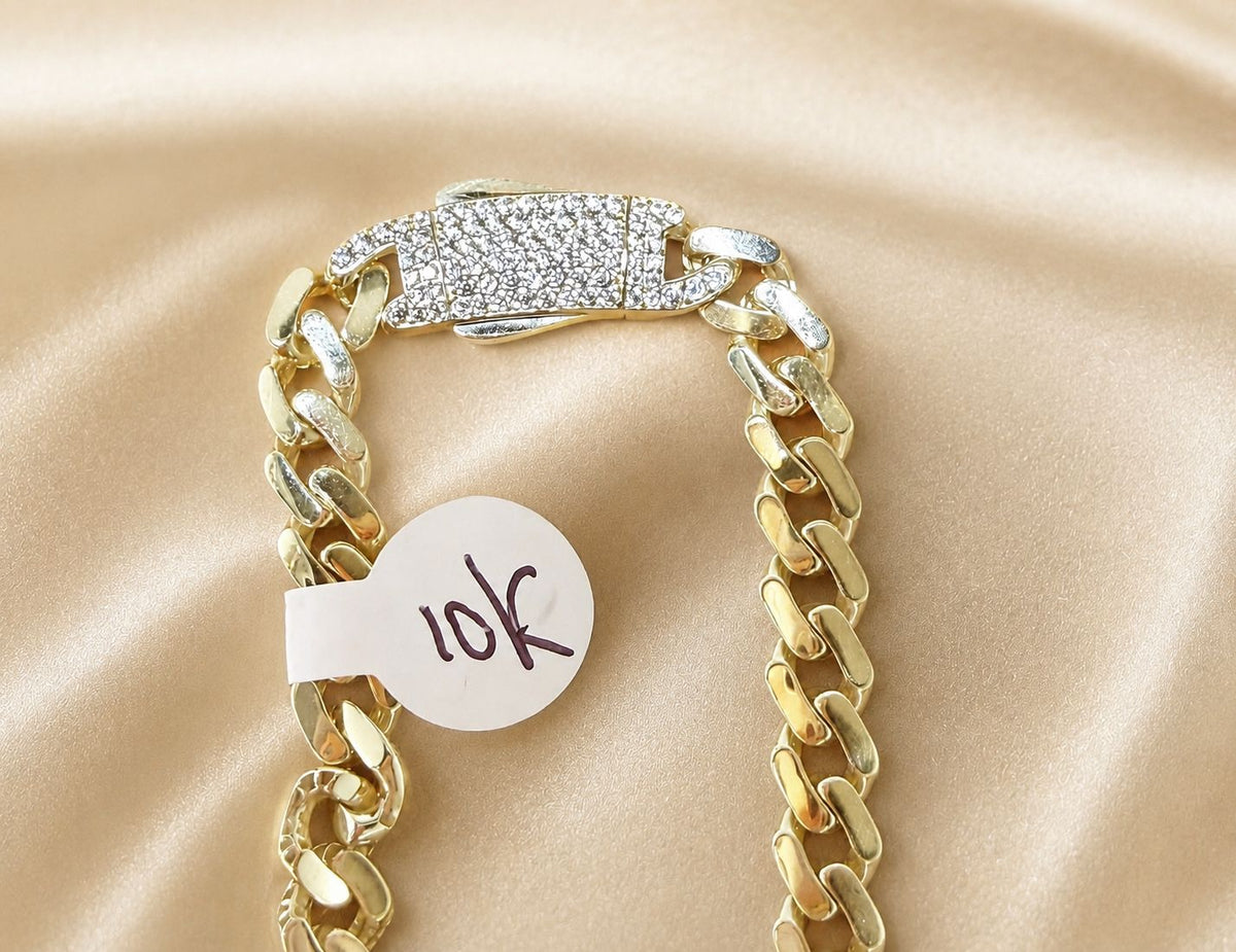 10K Gold Monaco CZ Lock Curb Chain Necklace 20” 5mm