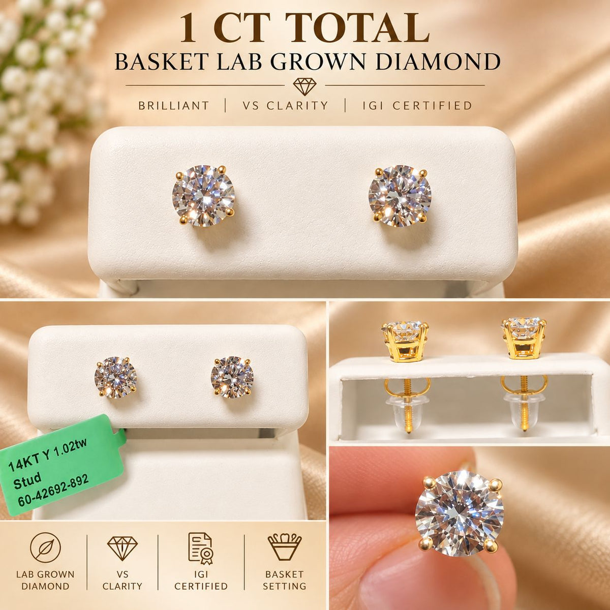 14K Yellow Gold Lab Grown Diamond Stud Earrings 1-6 CT TW IGI Certified Option