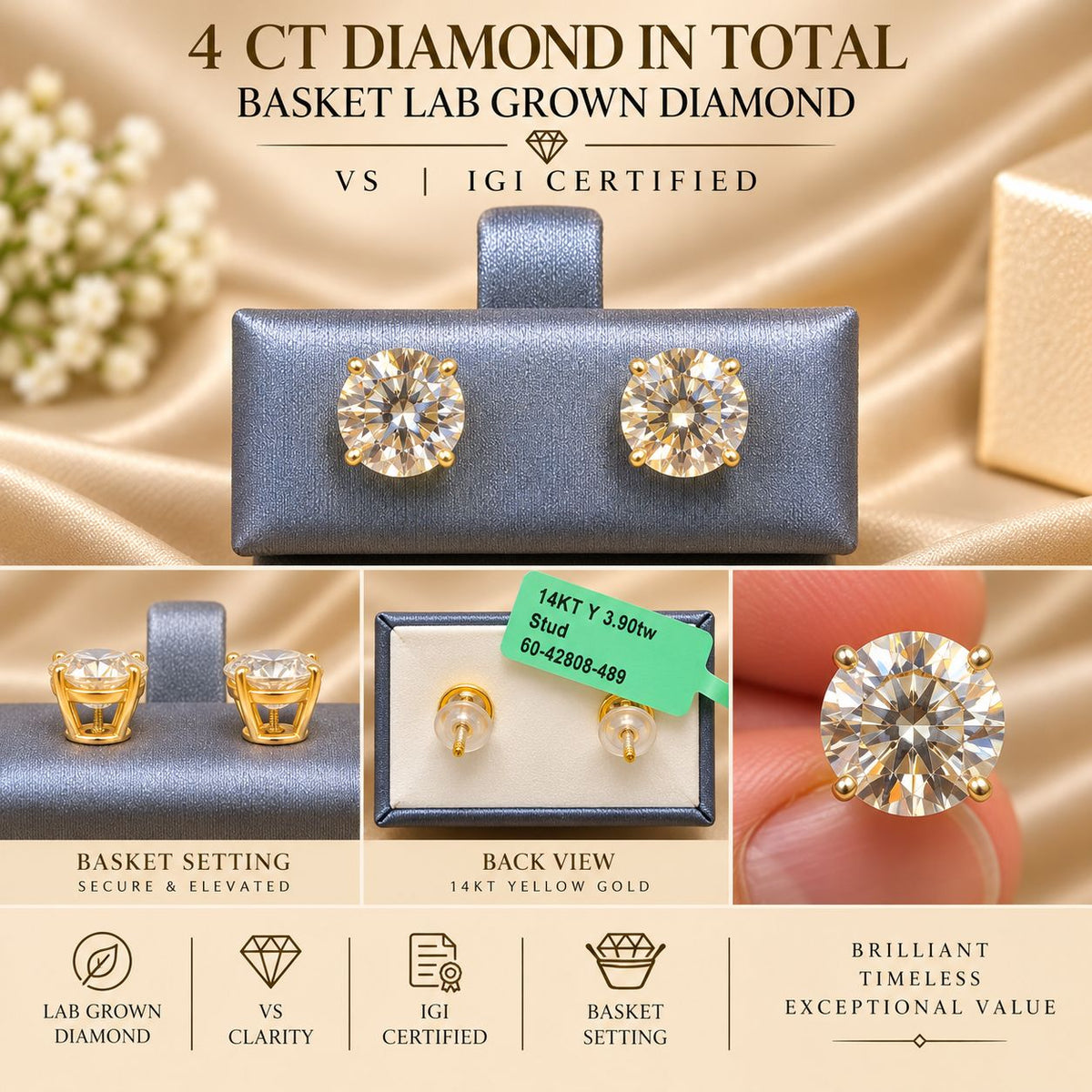 14K Yellow Gold Lab Grown Diamond Stud Earrings 1-6 CT TW IGI Certified Option