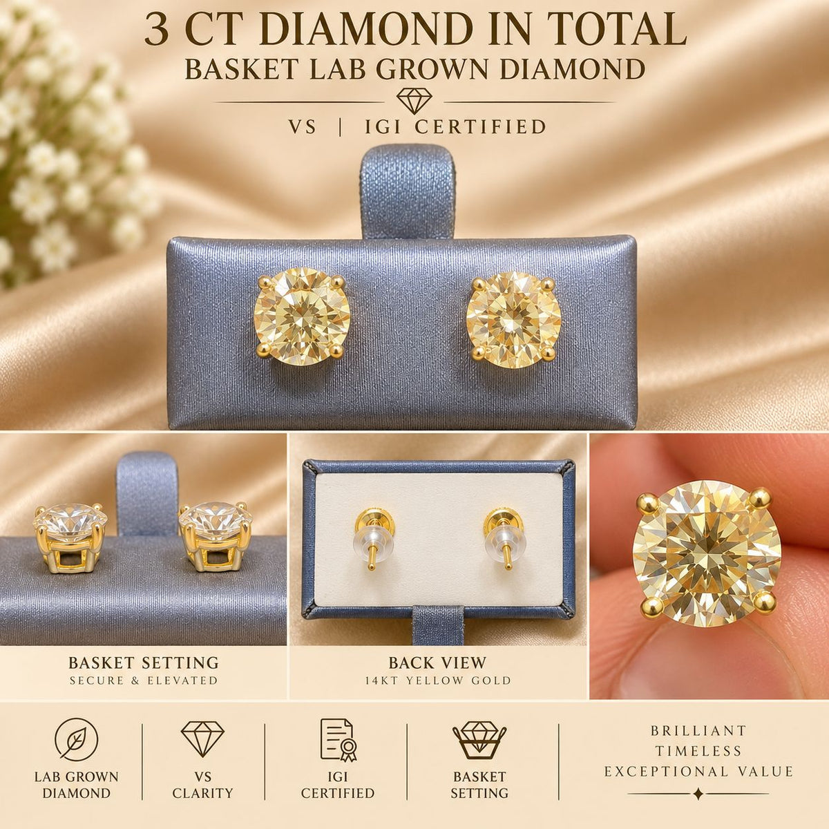 14K Yellow Gold Lab Grown Diamond Stud Earrings 1-6 CT TW IGI Certified Option