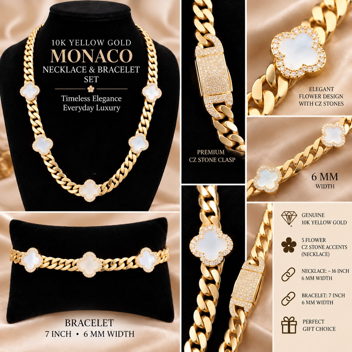 10K Yellow Gold Monaco Red Flower CZ Necklace & Bracelet Set 6mm