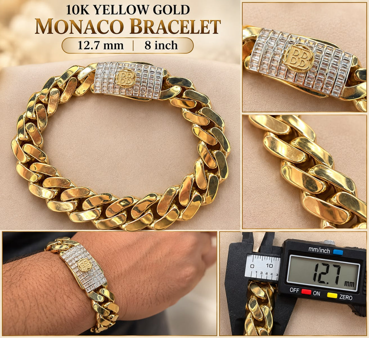 10K Yellow Gold Monaco Cuban Link Bracelet CZ Lock 12.7mm 8” 15.6g