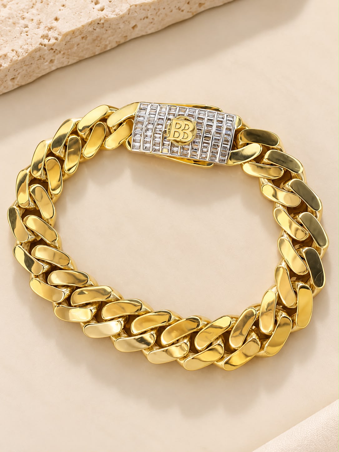 10K Yellow Gold Monaco Cuban Link Bracelet CZ Lock 12.7mm 8” 15.6g